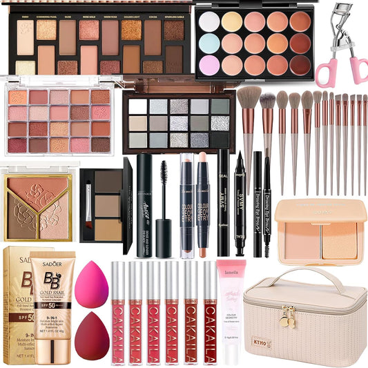Kit de maquillaje todo en uno, kit de maquillaje para mujeres, kit completo de regalo de maquillaje de viaje para mujeres, adolescentes y niñas, incluye sombra de ojos, lápiz labial, delineador de