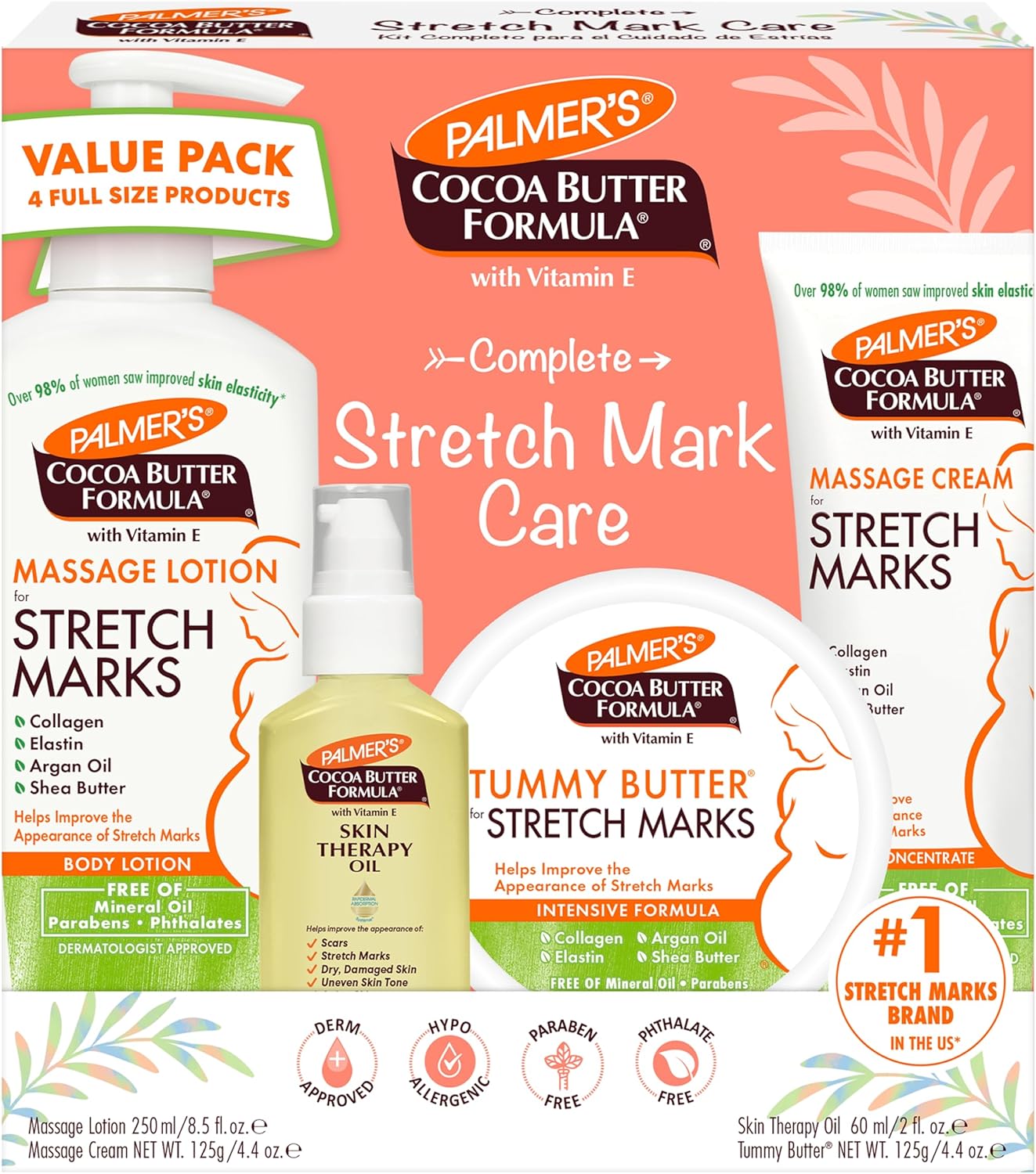 Kit de Cuidado de la Piel Palmer's con Fórmula de Manteca de Cacao para Estrías y Cicatrices, Aprobado por Dermatólogos, Regalo para Mamá, Juego de 4 Piezas de Tamaño Completo