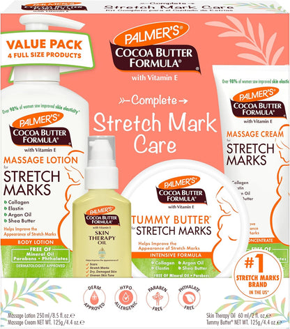 Kit de Cuidado de la Piel Palmer's con Fórmula de Manteca de Cacao para Estrías y Cicatrices, Aprobado por Dermatólogos, Regalo para Mamá, Juego de 4 Piezas de Tamaño Completo