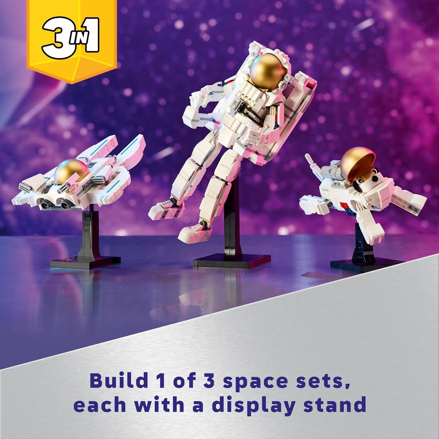 LEGO Creator 3 en 1 Juguete de Astronauta Espacial, Set de Construcción que se Transforma de Figura de Astronauta a Perro a Jet Víbora, Idea de Regalo con Temática Espacial para Niños y Niñas de 9