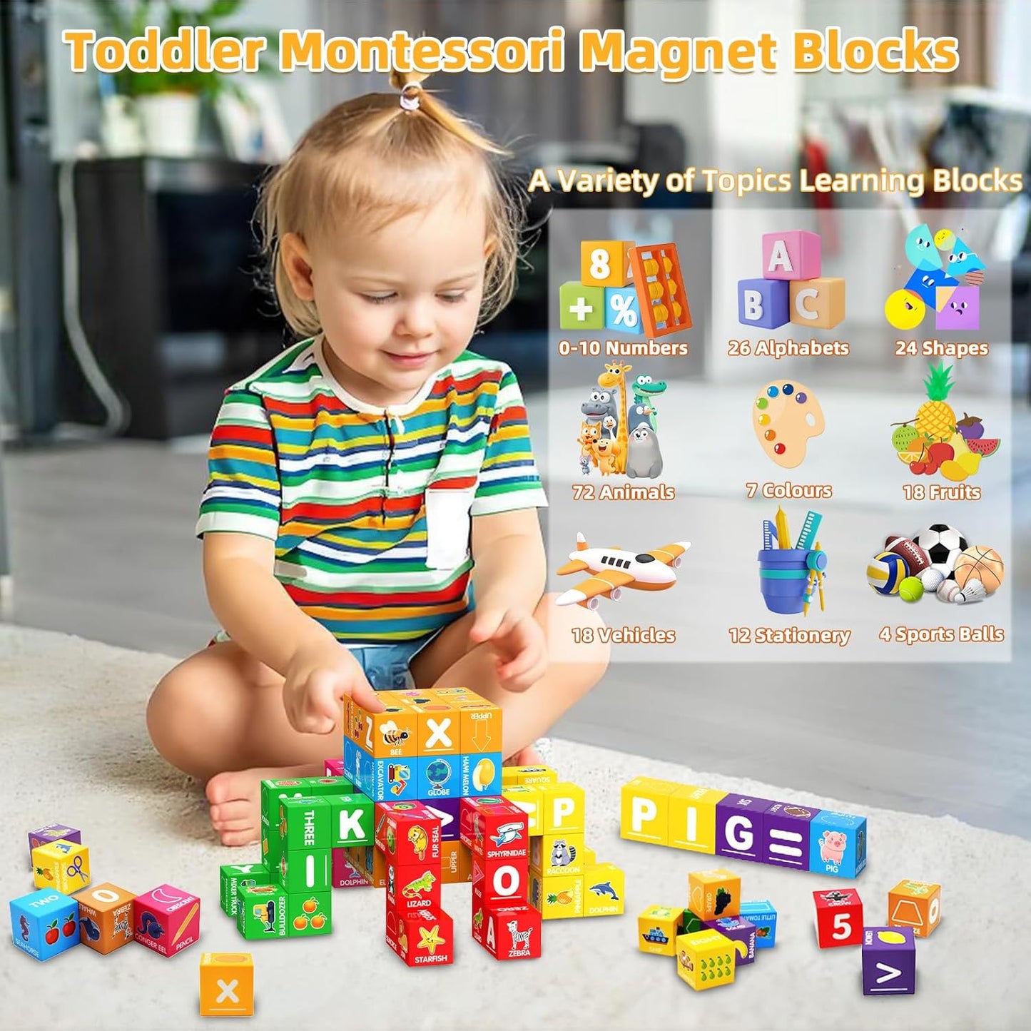 Bloques magnéticos para niños pequeños de 1 a 3, 1.4 pulgadas, bloques de construcción grandes, número ABC, juguetes de aprendizaje para niños de 1, 2, 3, 4, 5 años, juguetes educativos Montessori