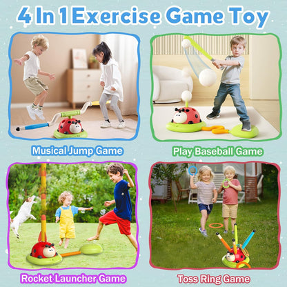 Juego de salto musical 4 en 1, juego de lanzamiento de anillos, juguetes de béisbol y lanzador de cohetes de lanzamiento por pisoteo para niños, juguetes y juegos con control remoto, juguetes para