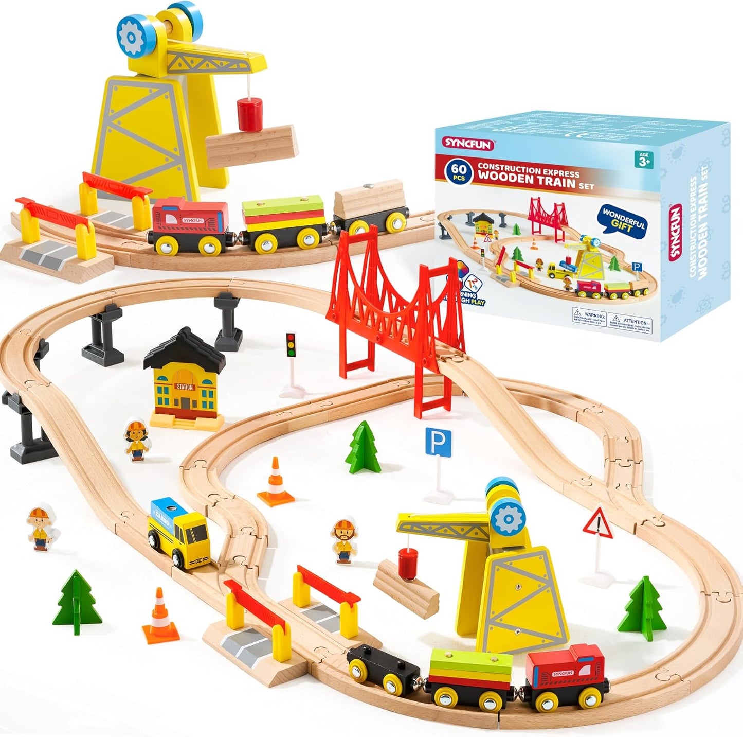 Juego de trenes de madera de 60 piezas, trenes magnéticos de juguet...