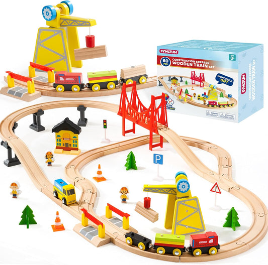 Juego de trenes de madera de 60 piezas, trenes magnéticos de juguet...