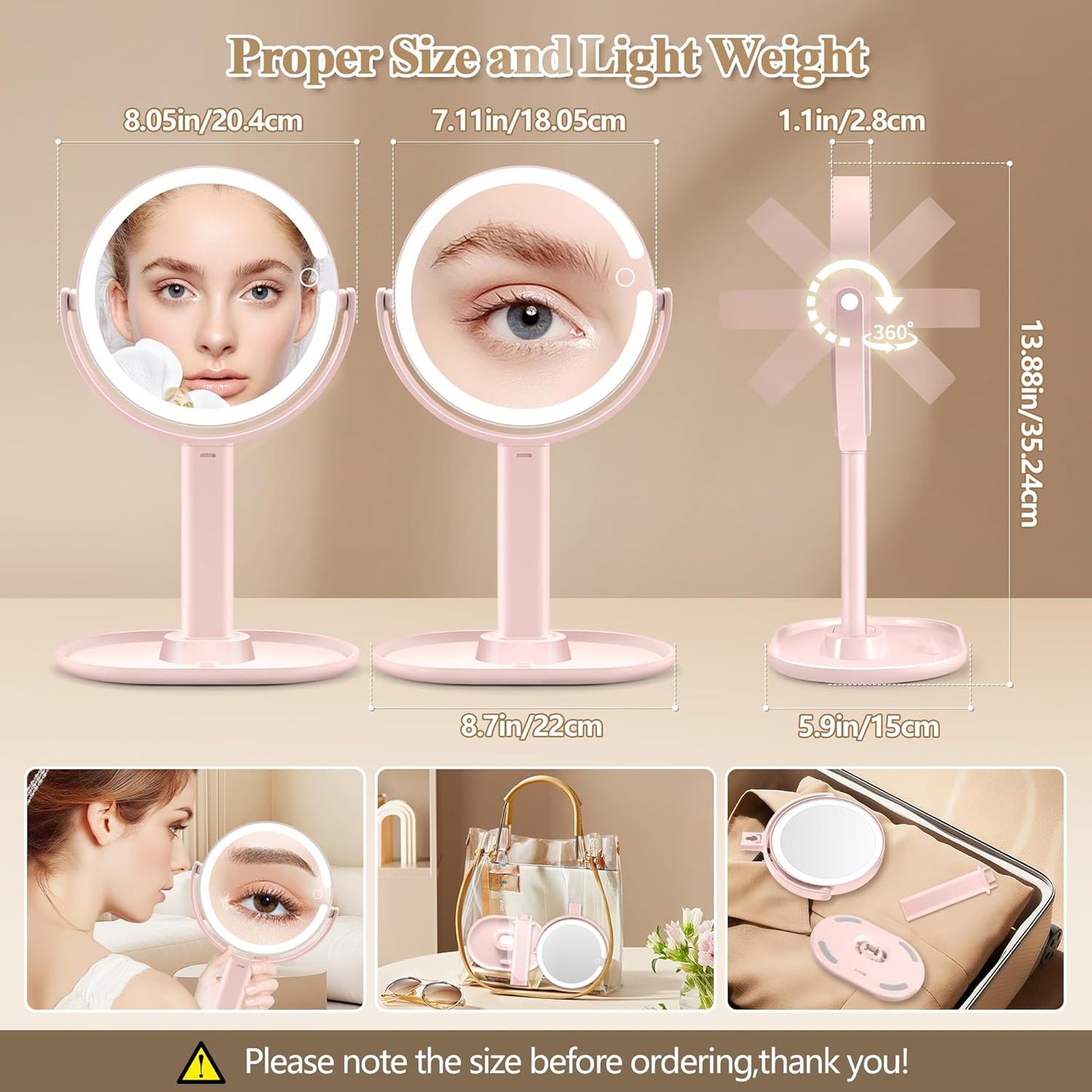 MOMOKUBA Espejo de maquillaje con luces, espejo de aumento de doble...