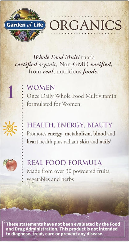 Suplemento multivitamínico orgánico Garden of Life, para mujer, tab...