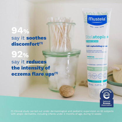 Mustela Stelatopia+ - Crema Reparadora de Lípidos - Hidratante para Piel con Tendencia al Eczema - Con Aceite Natural de Girasol y Prebiótico - Verificado por EWG - Para Bebés, Niños y Adultos - Sin