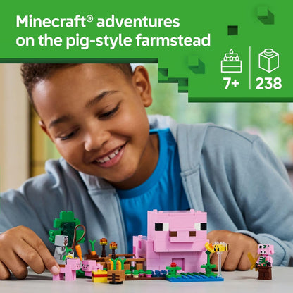 LEGO Minecraft - Figuras de juguete y juego de La Casa del Cerdito Bebé, juguete de construcción de Minecraft para niños, niños y niñas, a partir de 7 años, regalo para cumpleaños, con 2 minifiguras