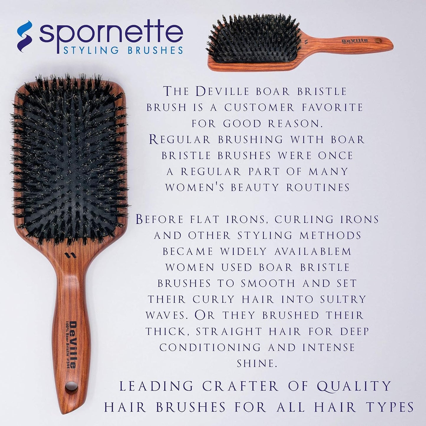 Spornette Deville Cushion Paddle Brush - Cepillo de cerdas de jabalí con mango de madera, para alisar, alisar, desenredar, peinar y cepillar para mujeres, hombres y niños, todo tipo de cabello