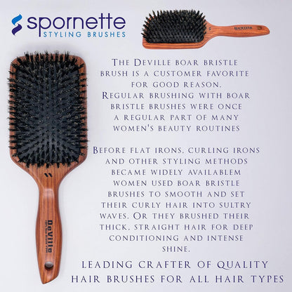 Spornette Deville Cushion Paddle Brush - Cepillo de cerdas de jabalí con mango de madera, para alisar, alisar, desenredar, peinar y cepillar para mujeres, hombres y niños, todo tipo de cabello