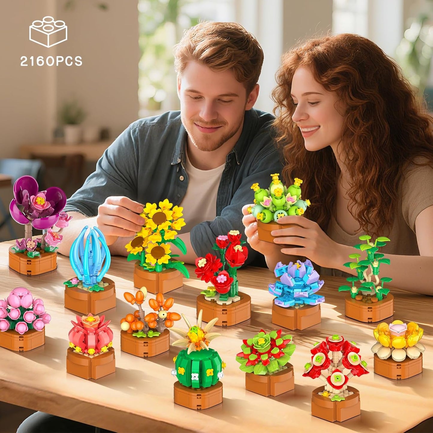 Juego de 24 flores y suculentas, 2160 piezas, colección botánica de 0.142 in, kit de mini flores para decoración del hogar, oficina, bloques de plantas, juguetes, regalos de fiesta de Pascua