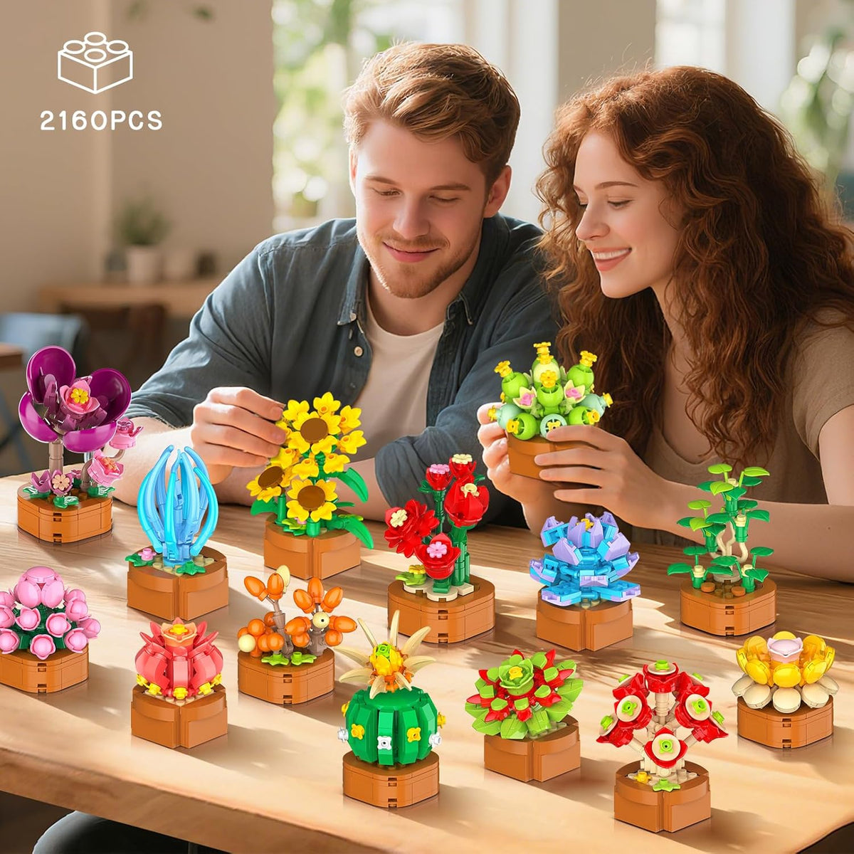 Juego de 24 flores y suculentas, 2160 piezas, colección botánica de 0.142 in, kit de mini flores para decoración del hogar, oficina, bloques de plantas, juguetes, regalos de fiesta de Pascua