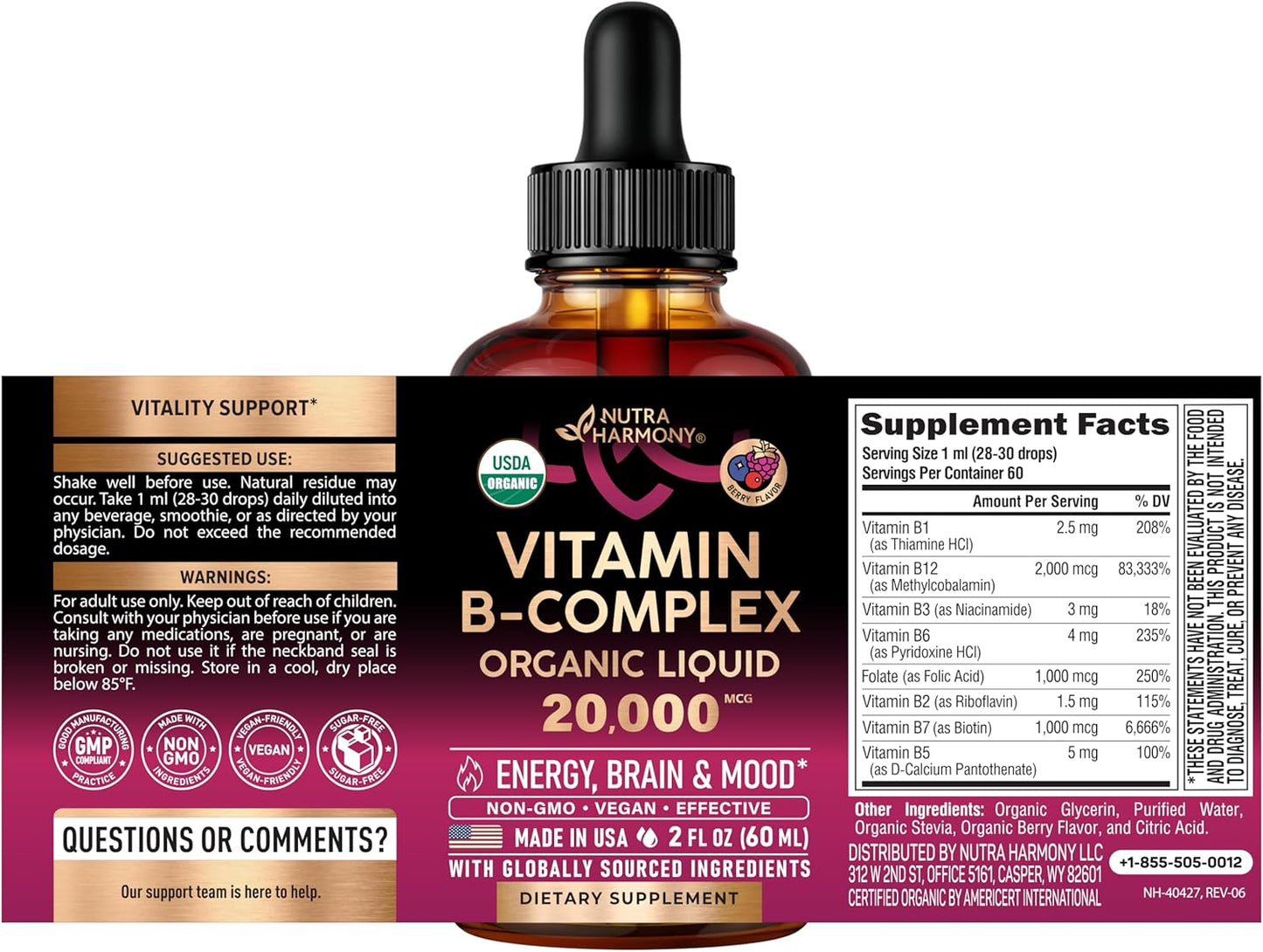 Vitamina B-Complex orgánico USDA B5 ácido pantoténico | B12 metilco...