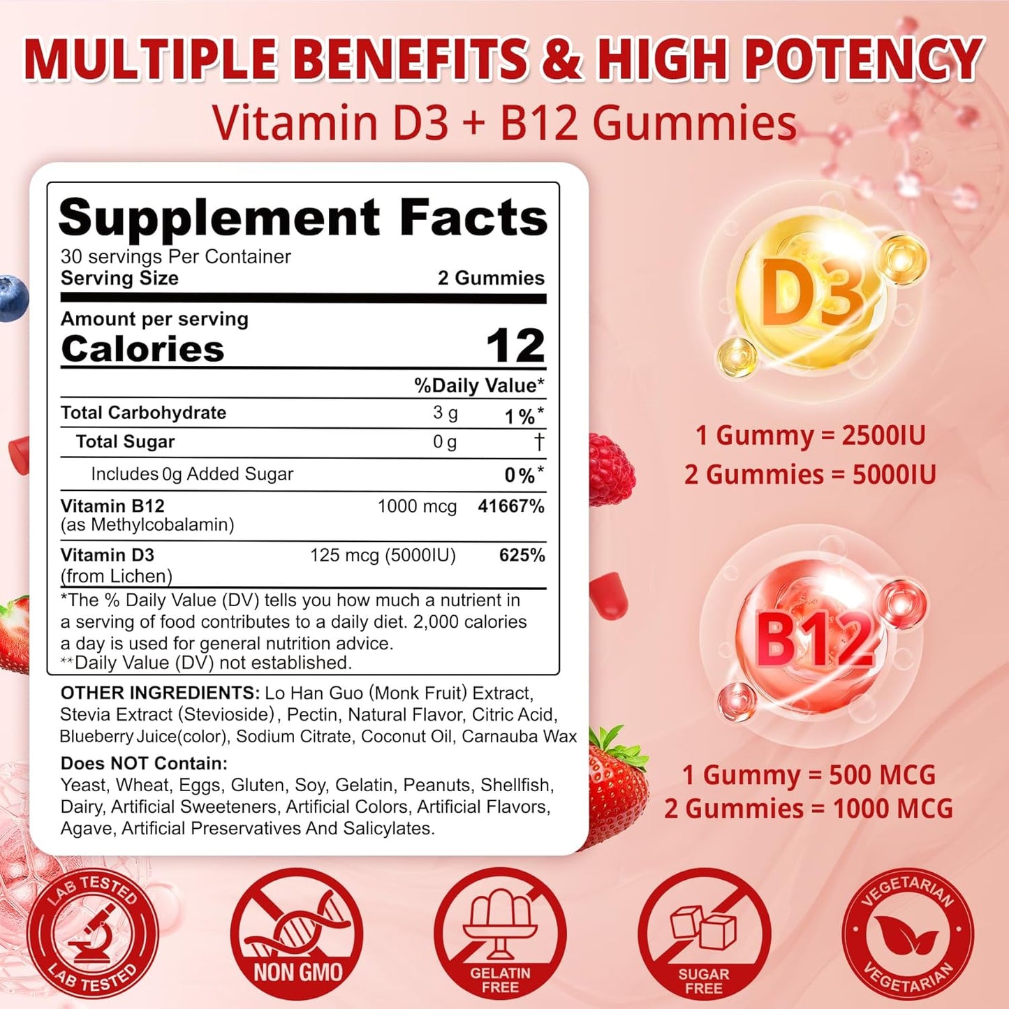 NEVISS Paquete de 2 gomitas veganas de vitamina D3 + vitamina B12,...