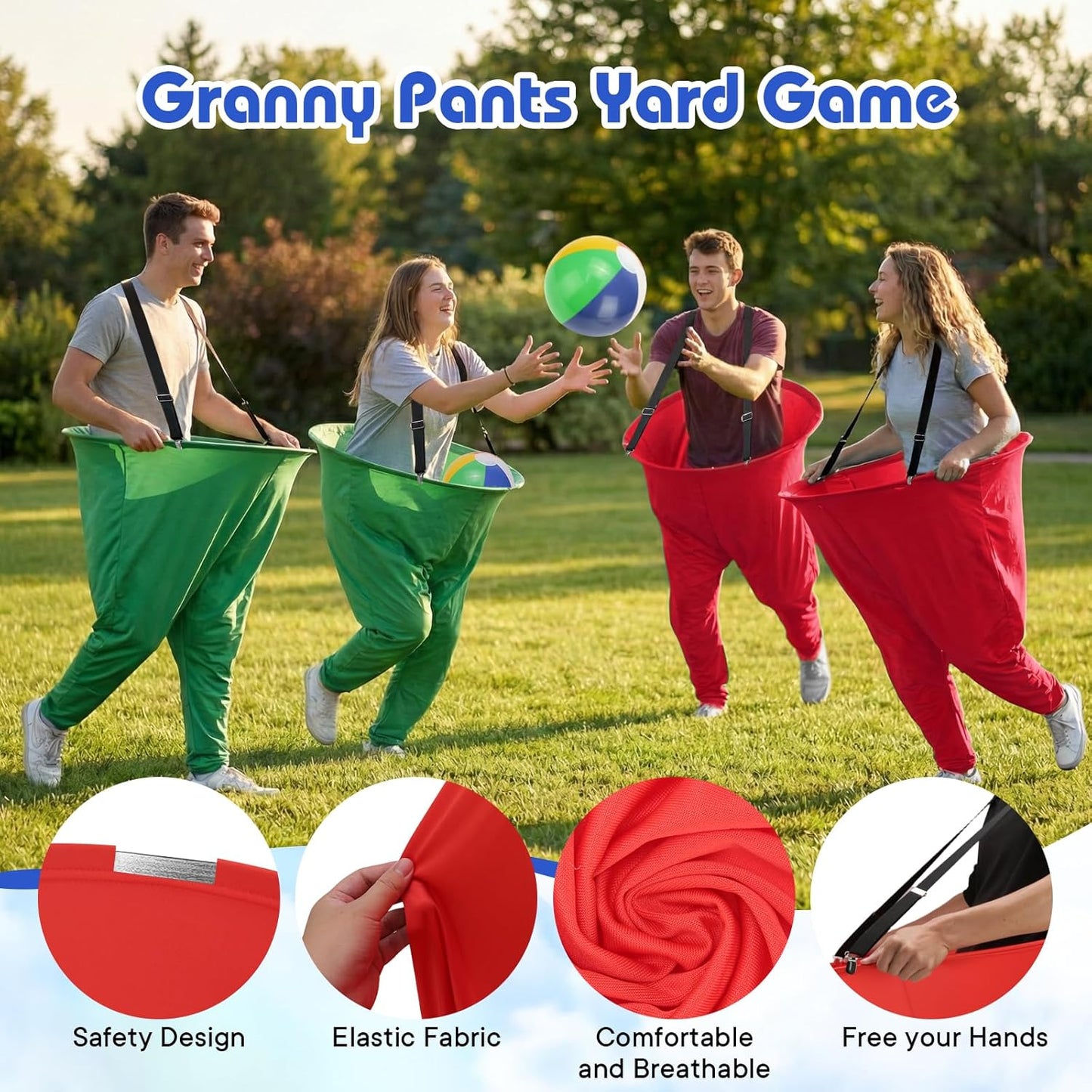 Juego de 2 pantalones de abuela con tirantes, 16 bolas hinchables y 2 bombas, divertido juego de fiesta al aire libre para adultos, niños, reuniones familiares y días de campo