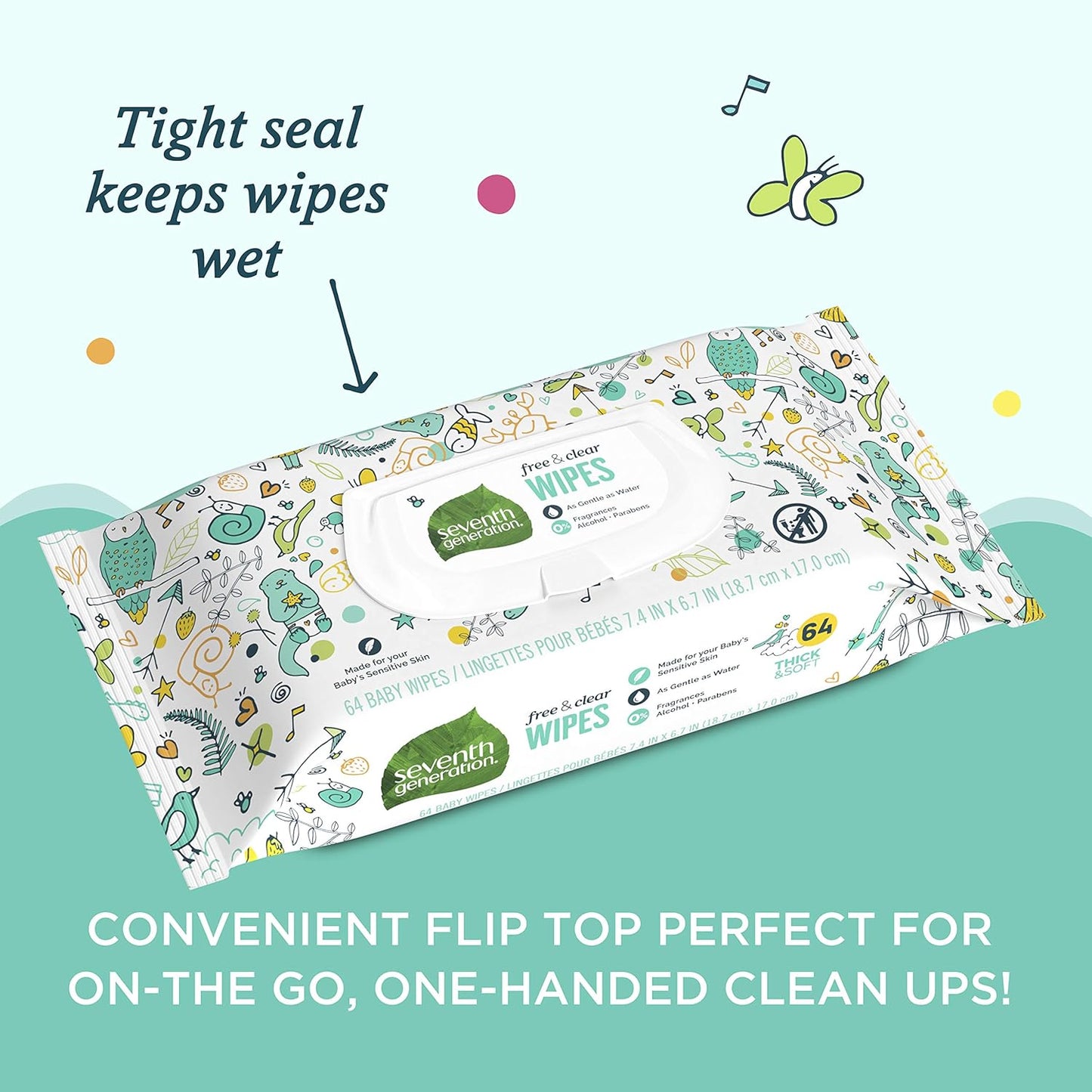 Seventh Generation Toallitas para bebé, libres y transparentes con dispensador de tapa abatible, 64 unidades