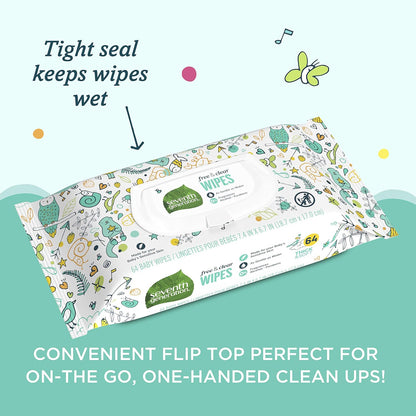 Seventh Generation Toallitas para bebé, libres y transparentes con dispensador de tapa abatible, 64 unidades