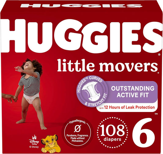 Huggies Pañales tamaño 6, pañales Little Movers para bebé, talla 6 (35+ libras), 108 unidades (2 paquetes de 54), el embalaje puede variar