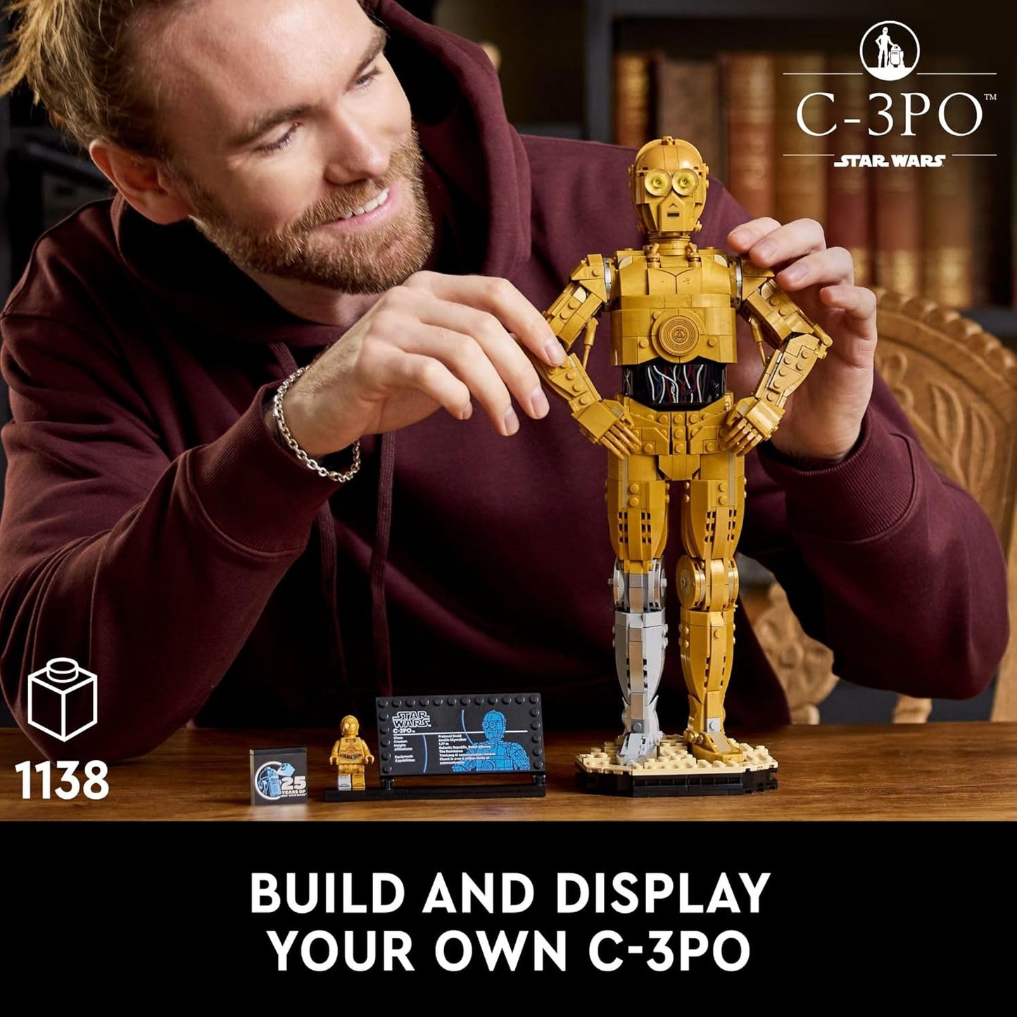 LEGO Star Wars C-3PO Figura de droide construible, modelo de construcción y exhibición con minifigura C-3PO, coleccionable de Star Wars para decoración del hogar u oficina, idea de regalo nostálgica para adultos, fanáticos o coleccionistas, 75398