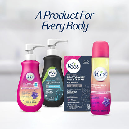 VEET Tiras de cera de azúcar para depilación corporal de mujer, kit de depilación de bikini, púbico, dermatológicamente probado para áreas corporales e íntimas, 40 tiras de cera con manteca de karité
