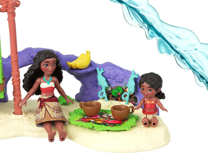 Mattel Disney Moana 2 Juguetes, Set de juego de aventura en la isla de Moana con muñecas pequeñas de Moana y Simea, 2 amigos personajes, 5 áreas de juego y 8 accesorios