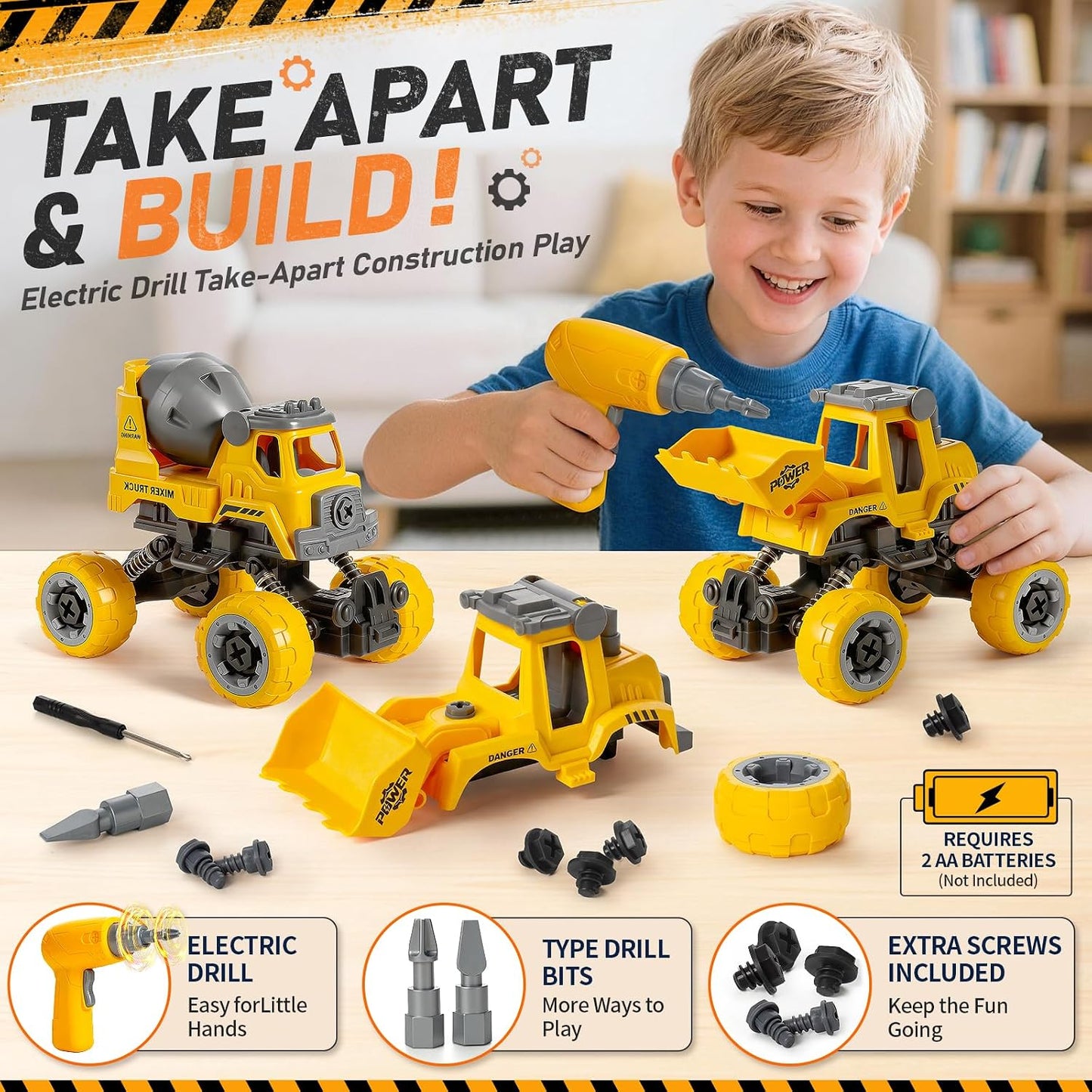 Camión de construcción desmontable para niños de 3 a 8 años, 4 jugu...