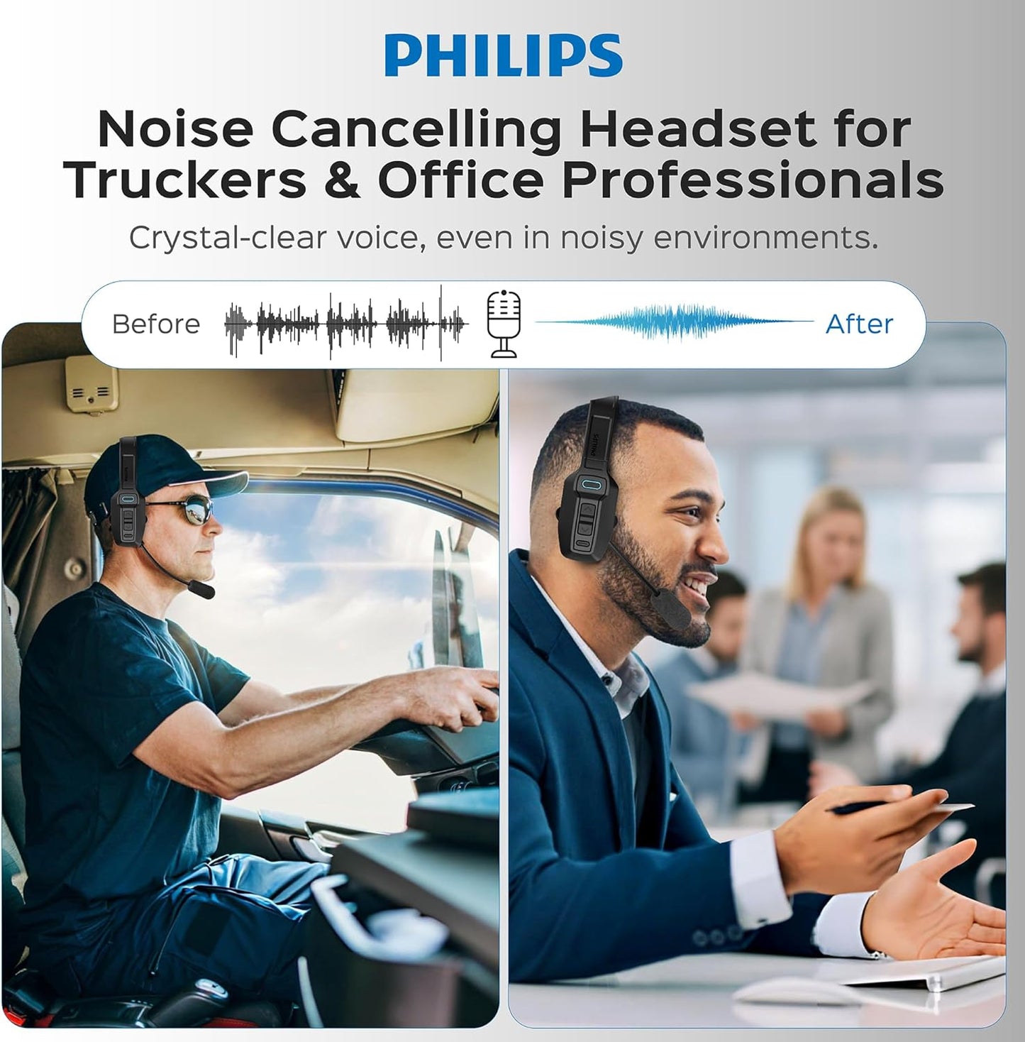 Philips Trucker - Auriculares Bluetooth con micrófono, auriculares inalámbricos de una sola oreja con micrófono con cancelación de ruido AI y botón de silencio, tiempo de reproducción extendido