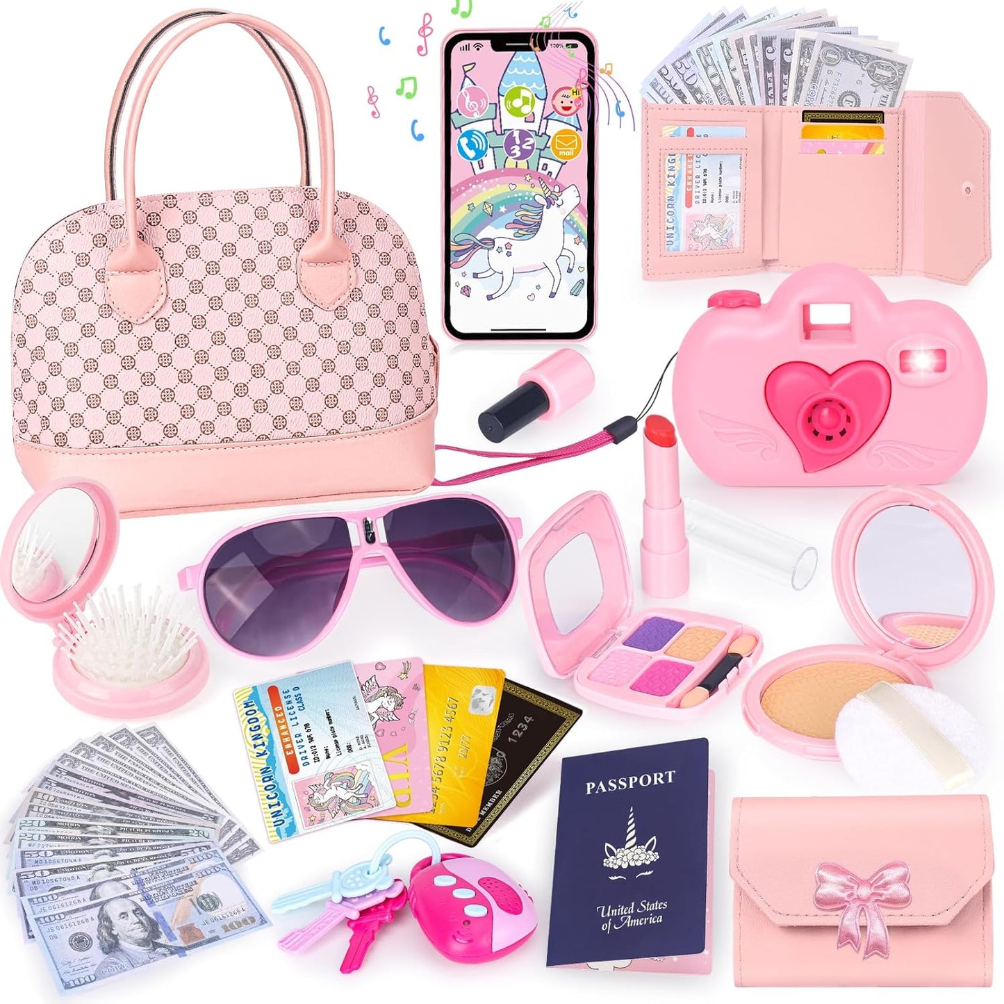 Bolsa de juego para niñas pequeñas, 35 piezas, bolso para niños con juguetes de princesa de juego de simulación, incluye bolso, cámara, teléfono, cartera, llave, bolso para niños, regalo de