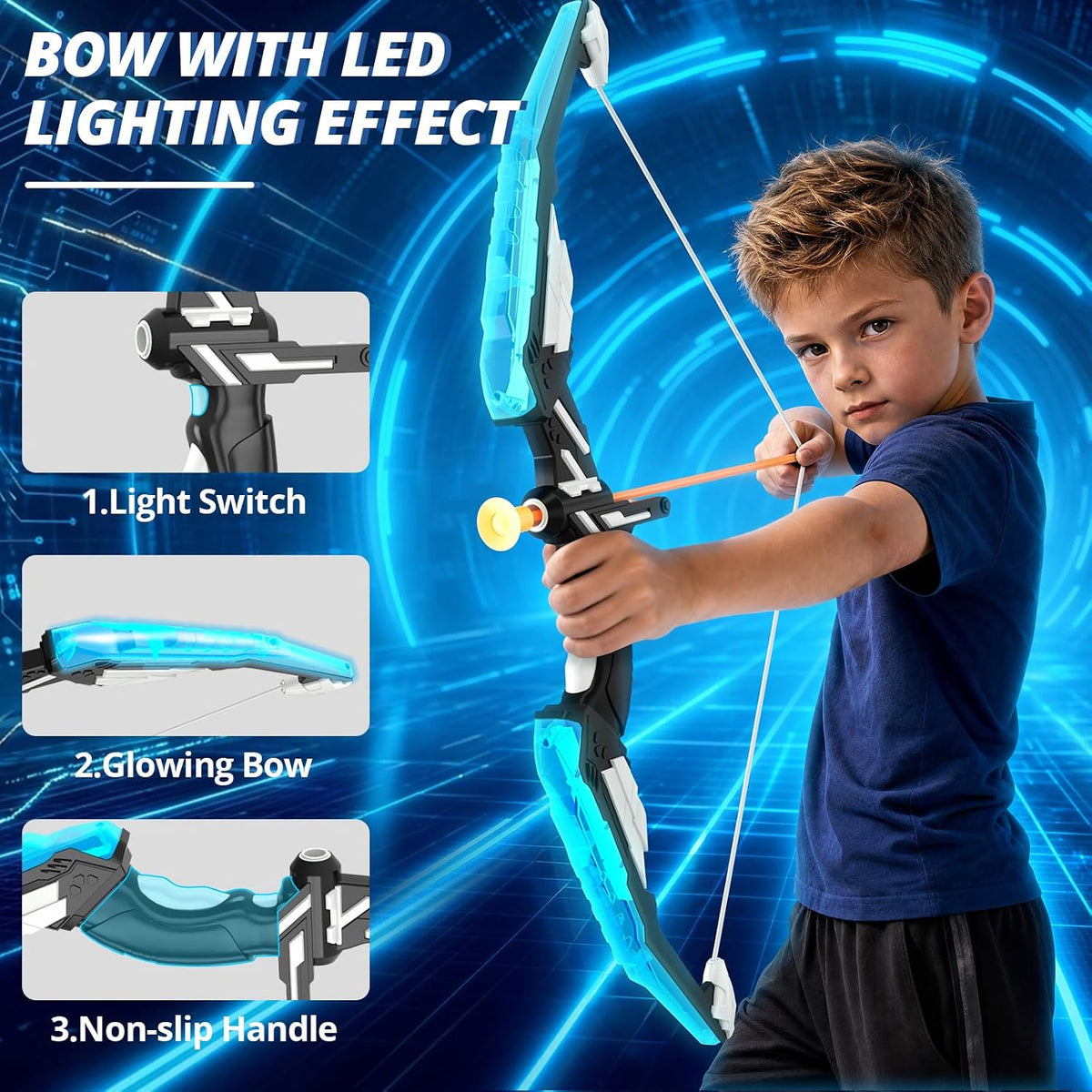 HYES Arco y flecha para niños, juego de tiro con arco con luz LED c...