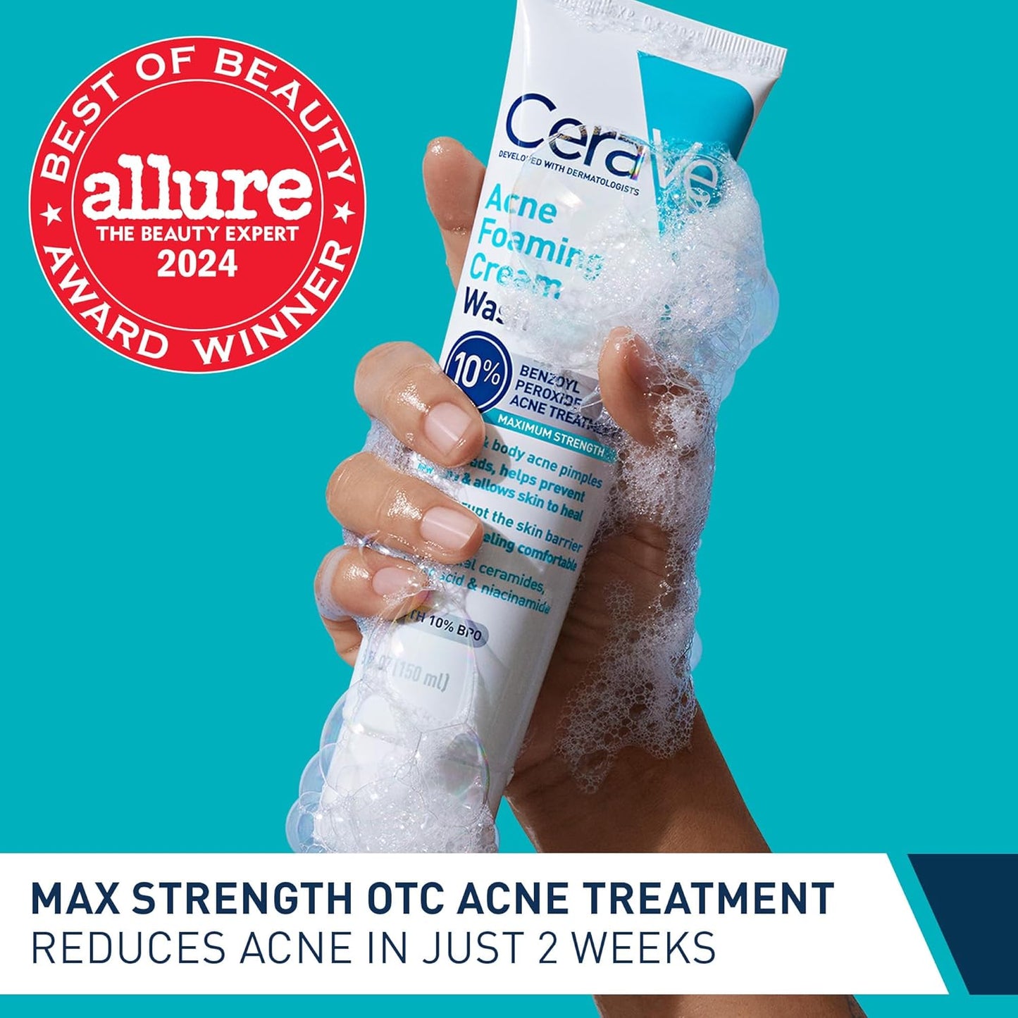 CeraVe Crema Espumosa Limpiadora para el Acné, Limpiador Suave para Rostro y Cuerpo con Peróxido de Benzoilo al 10%, Ácido Hialurónico y Niacinamida, Tratamiento con Peróxido de Benzoilo al 10% que