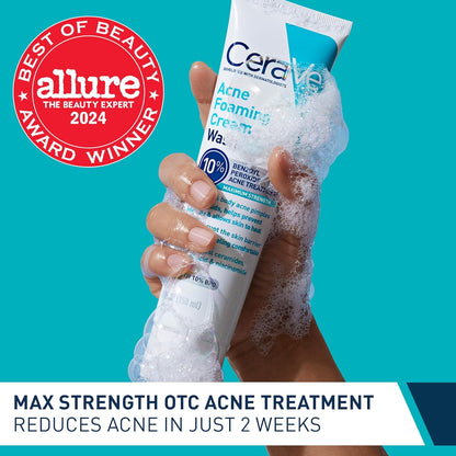 CeraVe Crema Espumosa Limpiadora para el Acné, Limpiador Suave para Rostro y Cuerpo con Peróxido de Benzoilo al 10%, Ácido Hialurónico y Niacinamida, Tratamiento con Peróxido de Benzoilo al 10% que