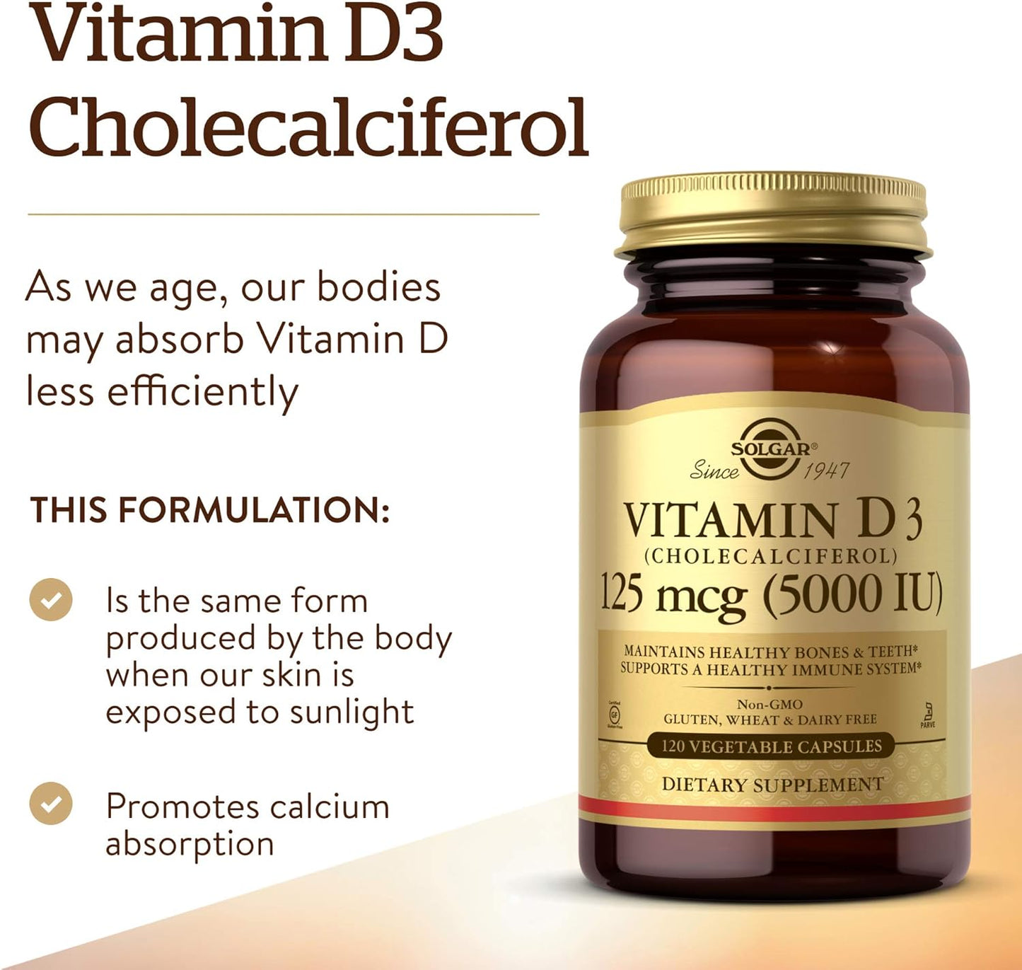 Solgar - Vitamina D3 (colecalciferol) 125 MCG (5000 UI), 120 cápsul...