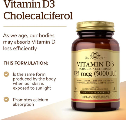 Solgar - Vitamina D3 (colecalciferol) 125 MCG (5000 UI), 120 cápsul...