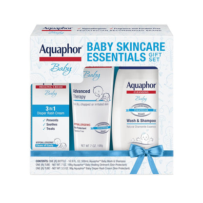 Set de regalo de productos esenciales para el cuidado de la piel del bebé Aquaphor con jabón y champú para bebé (16.9 fl oz) + ungüento curativo para piel agrietada y sarpullido por saliva (7 oz) +