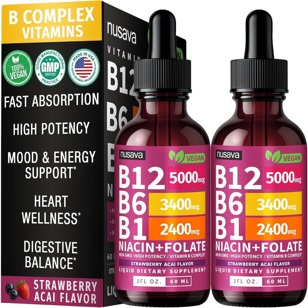 NUSAVA Vitamina B12 5000mcg con gotas líquidas B6 y B1, Acai de fre...