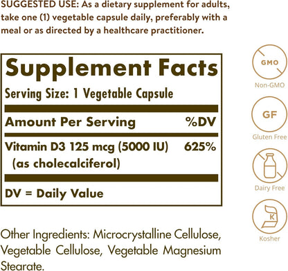 Solgar - Vitamina D3 (colecalciferol) 125 mcg (5000 UI), 240 cápsul...