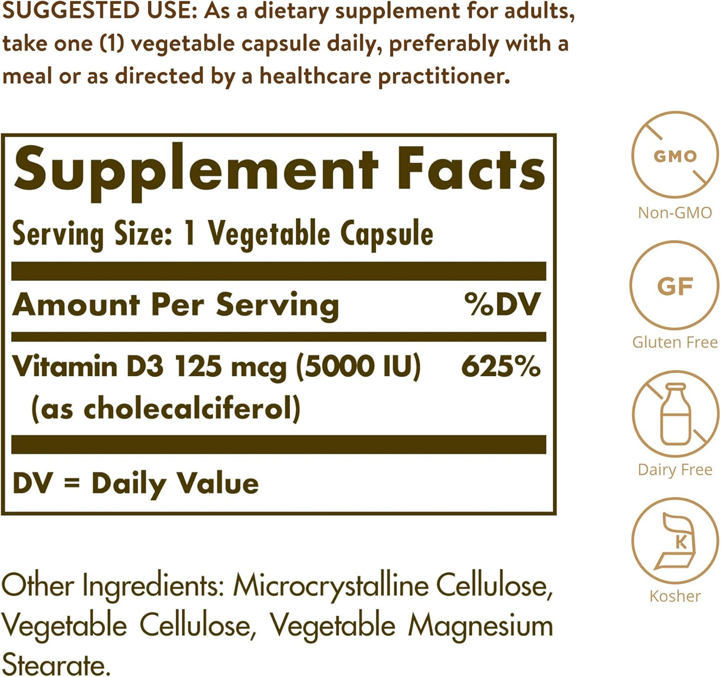Solgar - Vitamina D3 (colecalciferol) 125 MCG (5000 UI), 120 cápsul...