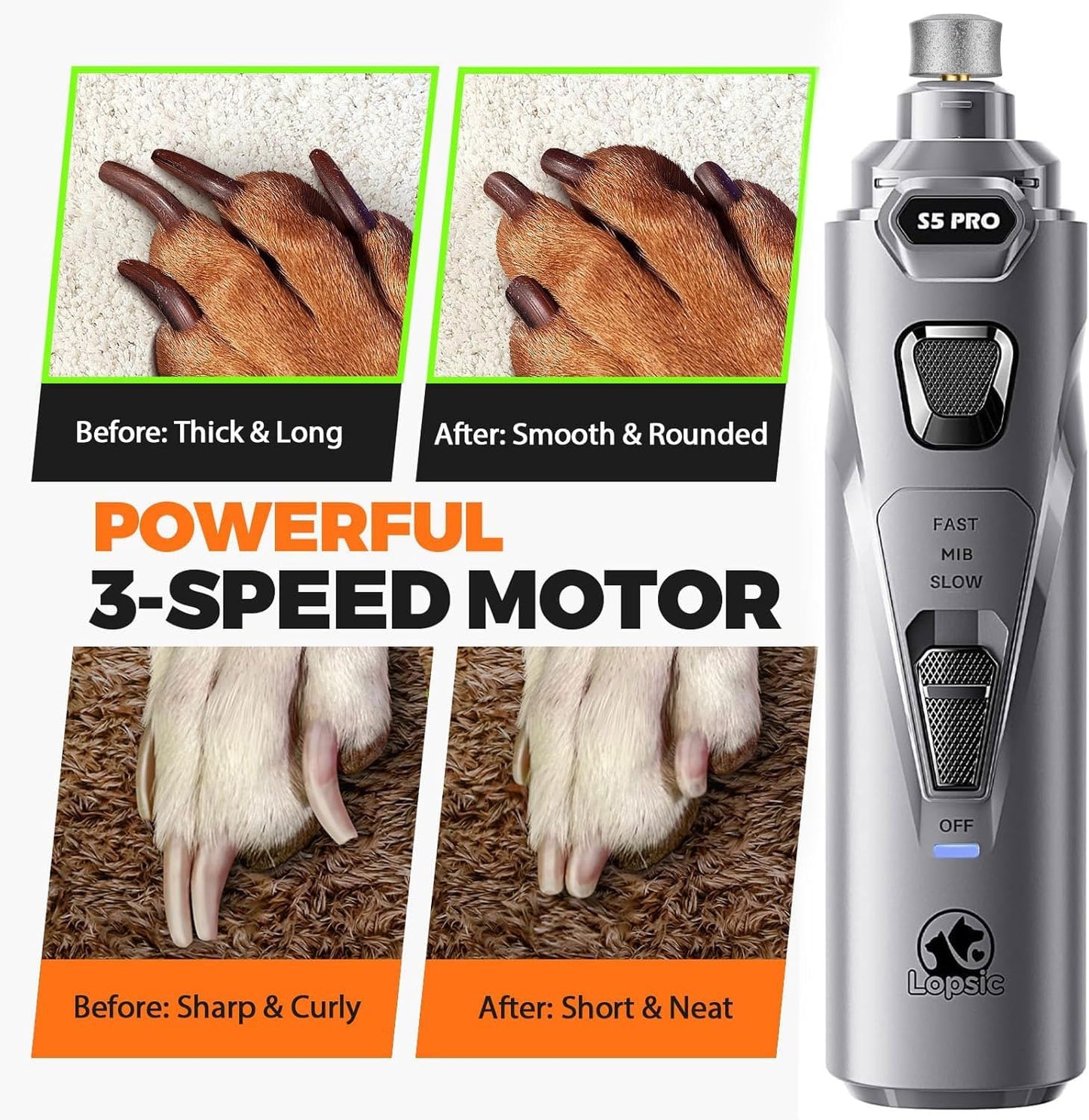 Molinillo de uñas para perros con 2 luces LED, potente, 2 velocidad...