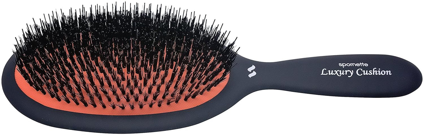Spornette Cepillo de pelo ovalado de jabalí y cerdas de nailon de lujo grande (#LX-1) con un mango antideslizante de satén suave, ideal para peinar, alisar todo tipo de cabello, pelucas y extensiones