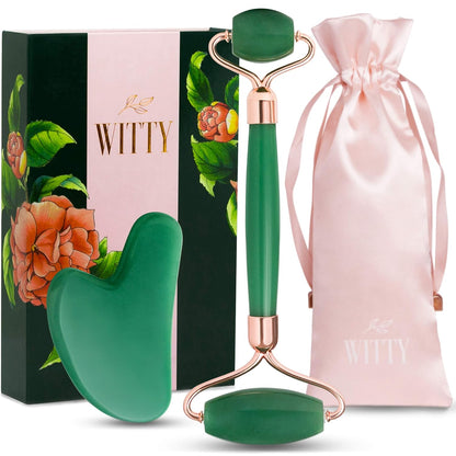 WITTY Juego de rodillo facial de jade y Gua Sha en caja de regalo d...