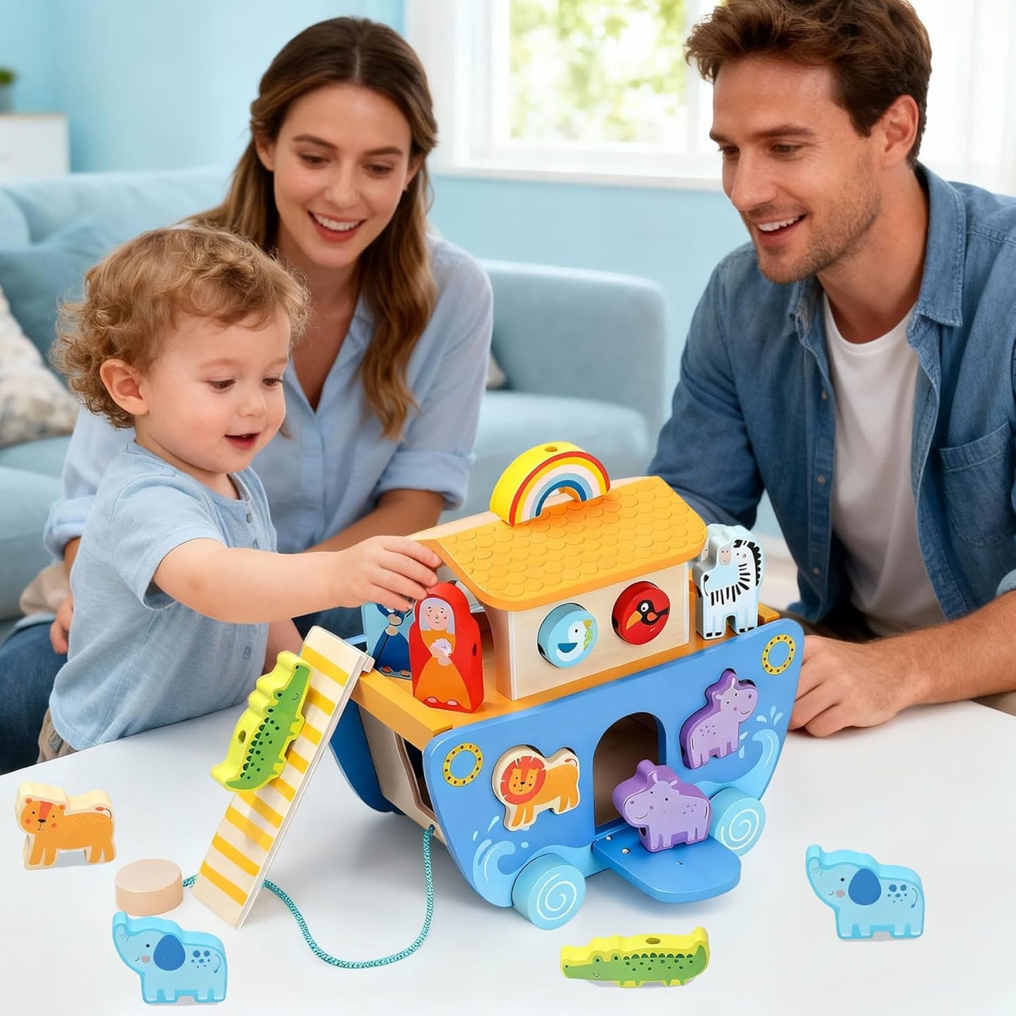 Arca de Noé de madera con clasificador de formas de animales, regalos de bautismo para niños de 1, 2, 3, 4 años, juguetes Montessori para niños pequeños, regalos de bautismo para niños y