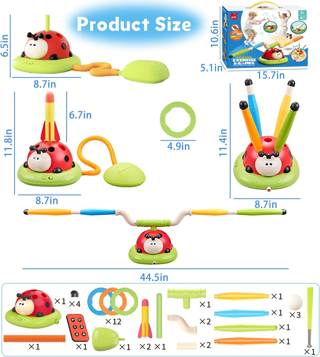 Juego de salto musical 4 en 1, juego de lanzamiento de anillos, juguetes de béisbol y lanzador de cohetes de lanzamiento por pisoteo para niños, juguetes y juegos con control remoto, juguetes para