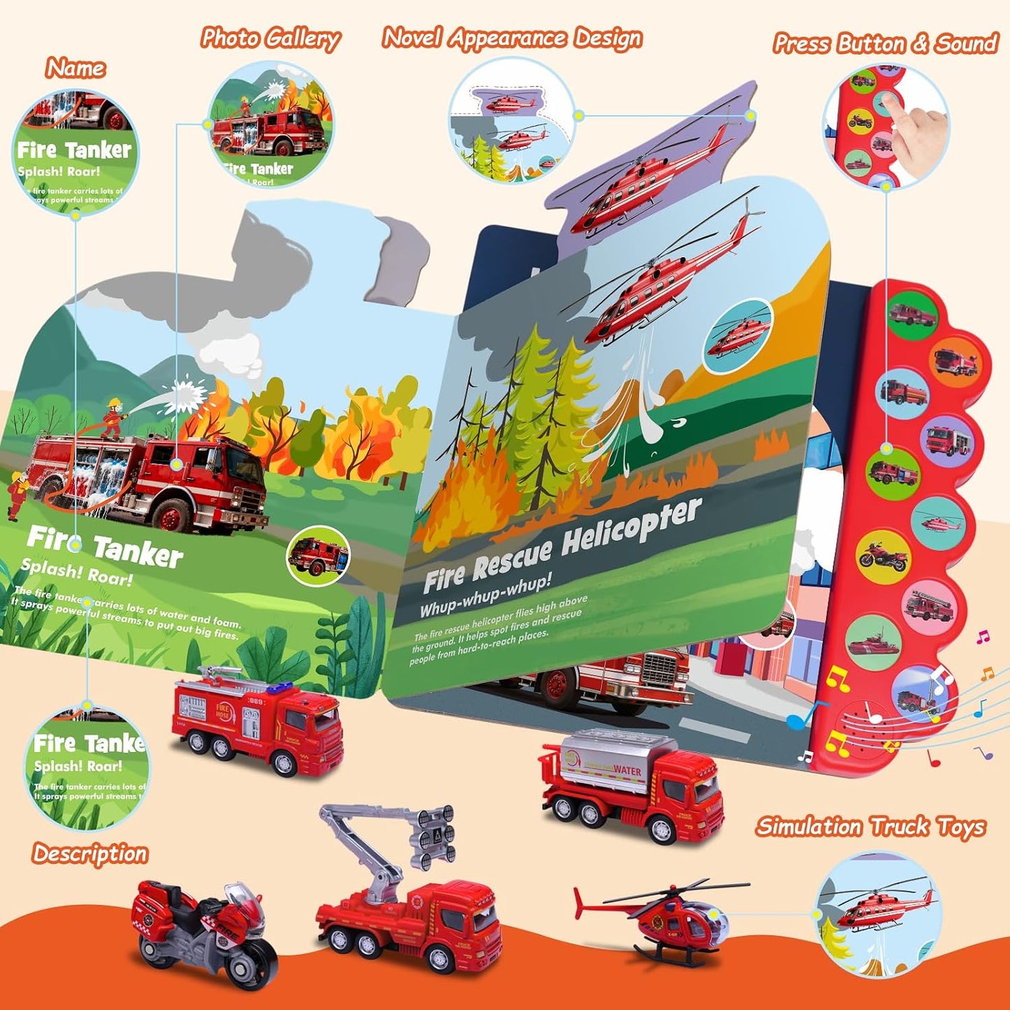 iGRATENS Juguetes para camiones de bomberos con libro de sonidos -...
