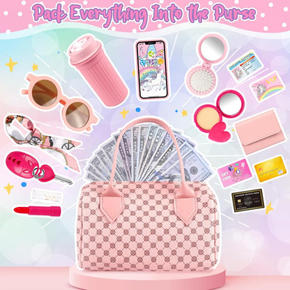 Bolsa de juego para niñas pequeñas, 32 piezas bolso de niña con maquillaje de simulación para niños, juguetes de princesa incluye bolso, teléfono, reloj de pulsera, bufanda de seda bolso de