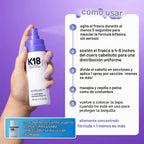 El champú seco K18 AirWash™, sin aerosol, equilibra el cuero cabell...