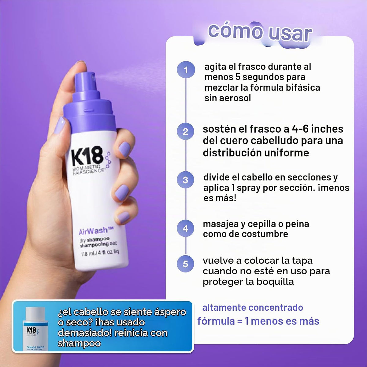 El champú seco K18 AirWash™, sin aerosol, equilibra el cuero cabell...
