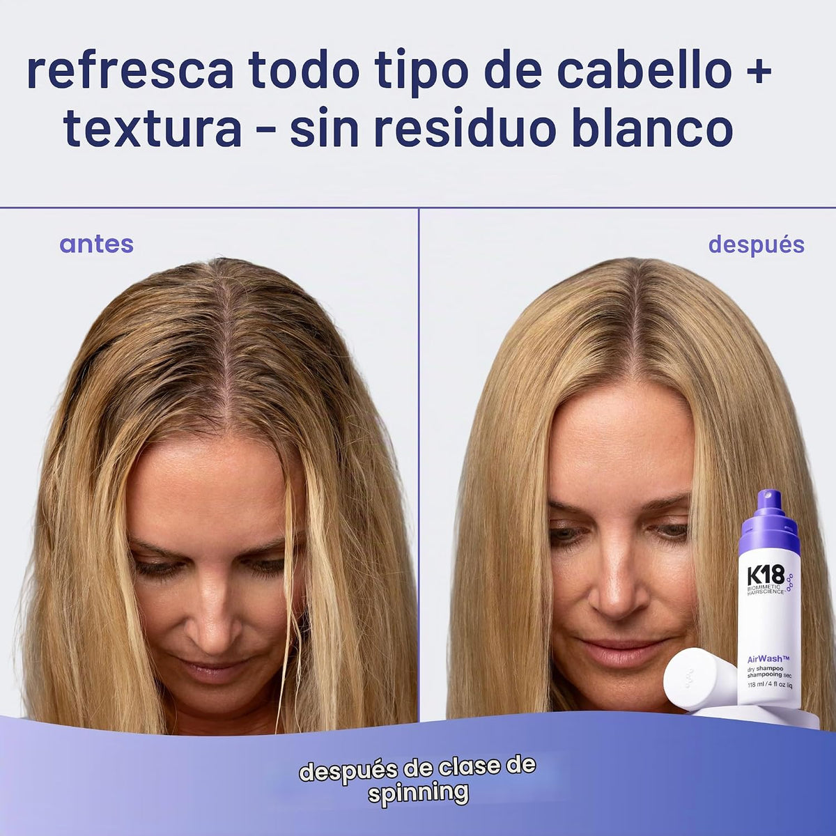 El champú seco K18 AirWash™, sin aerosol, equilibra el cuero cabell...
