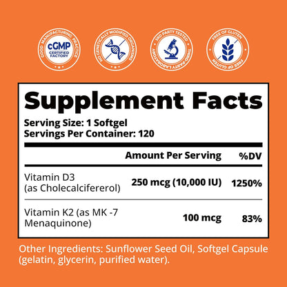 LincNutri Viamin D3 K2 10,000IU, MK-7 100mcg 120 cápsulas blandas p...