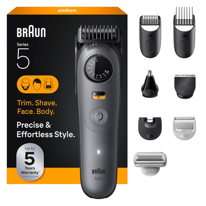 Braun Serie 5 todo en uno Kit de aseo para barba y cuerpo para hombres, recortadora inalámbrica, cortadora de pelo y afeitadora para cara, cabello y cuerpo con cabezal de afeitado suave, AIO 5510