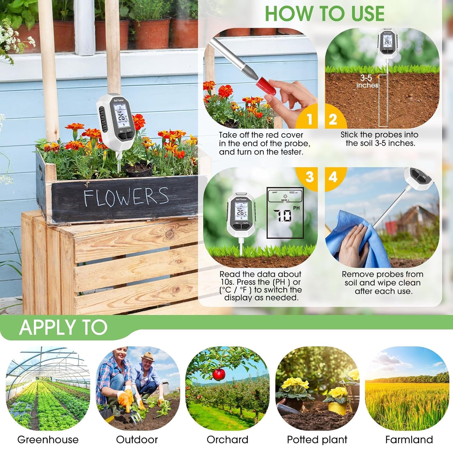 Medidor de Humedad del Suelo 4 en 1, Medidor Digital de Temperatura de Plantas/Prueba de Humedad del Suelo y Medidor de PH/Intensidad de Luz Solar, Pantalla LCD con Retroiluminación para